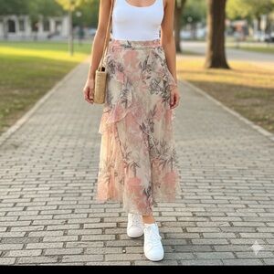 Cato Asymmetrical Skirt with Floral Design - Pink and Black